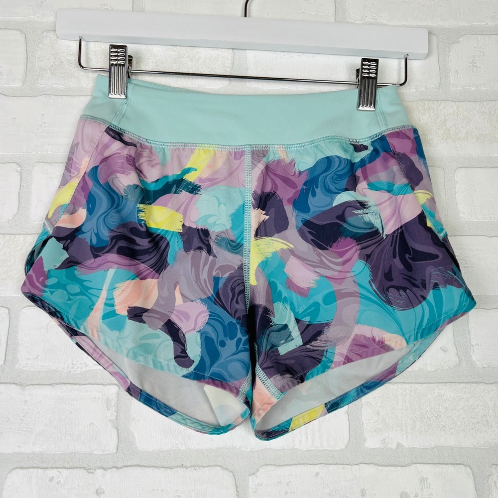 Athleta Girl Abstract Print Running Shorts Mint Green Waistband Pocket Size 8